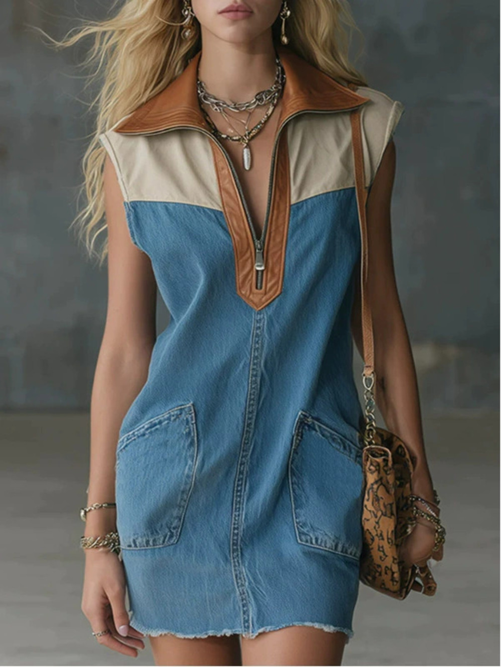 DTC Casual Fashion Blue Jeans and V Neck Mini Dress